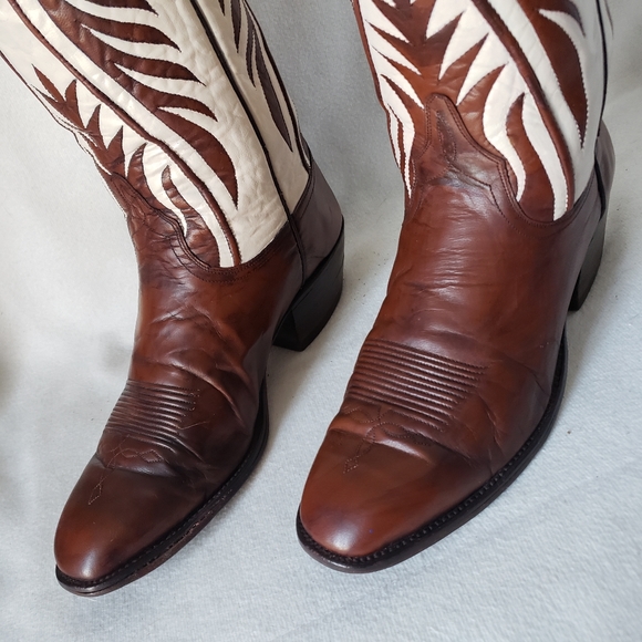 SOLD ❌Vintage Dan Post Western Boots Ivory Custom Shafts Brown Cognac Leather - Picture 11 of 16